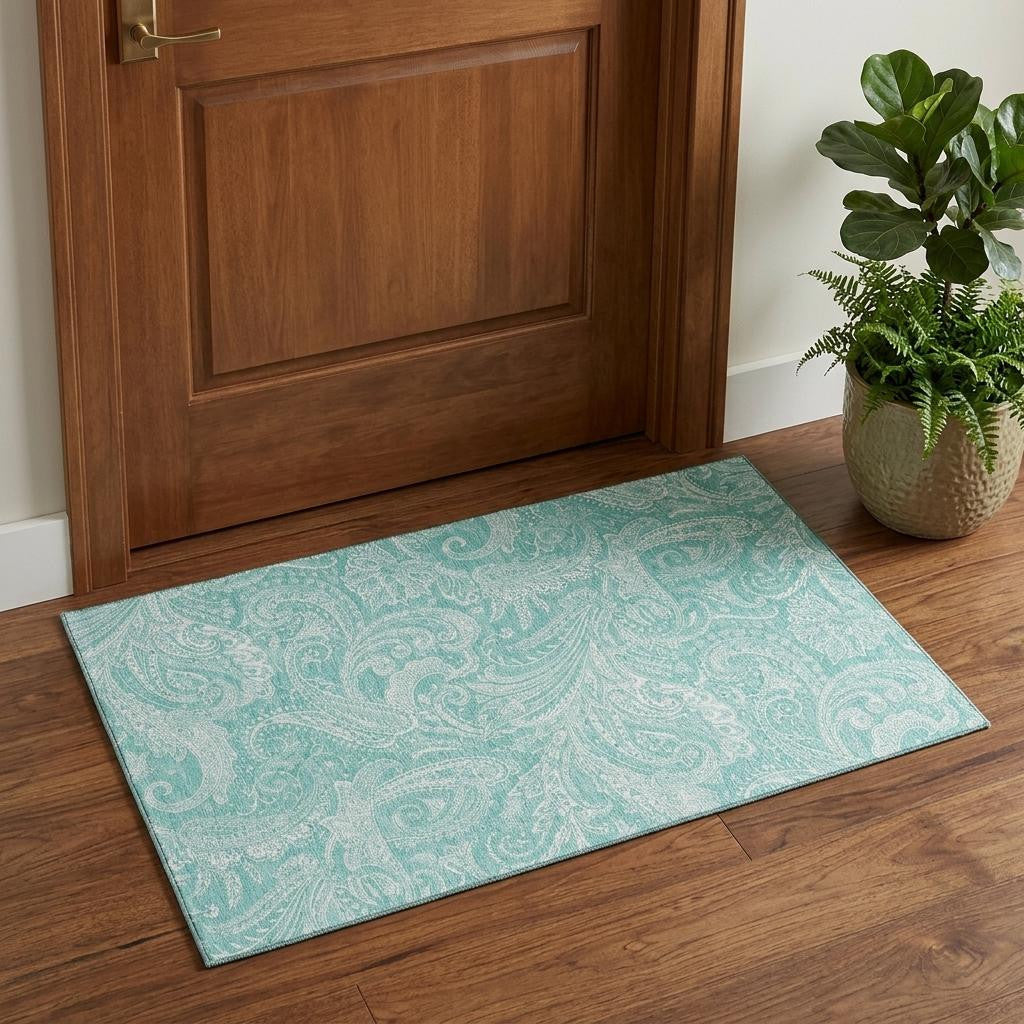 Teal And Ivory Paisley Washable Area Rug With UV Protection
