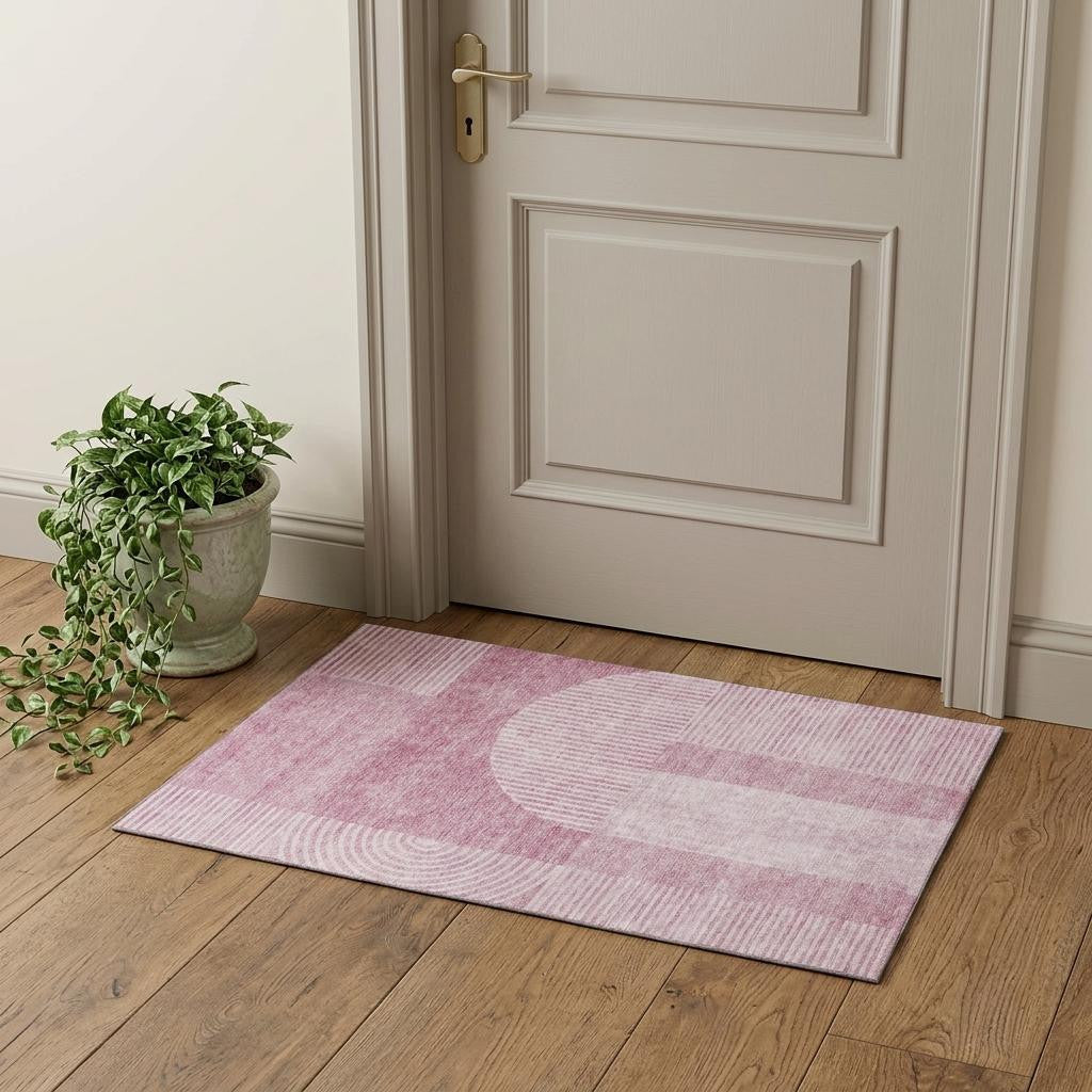 Blush And Ivory Geometric Washable Area Rug With UV Protection