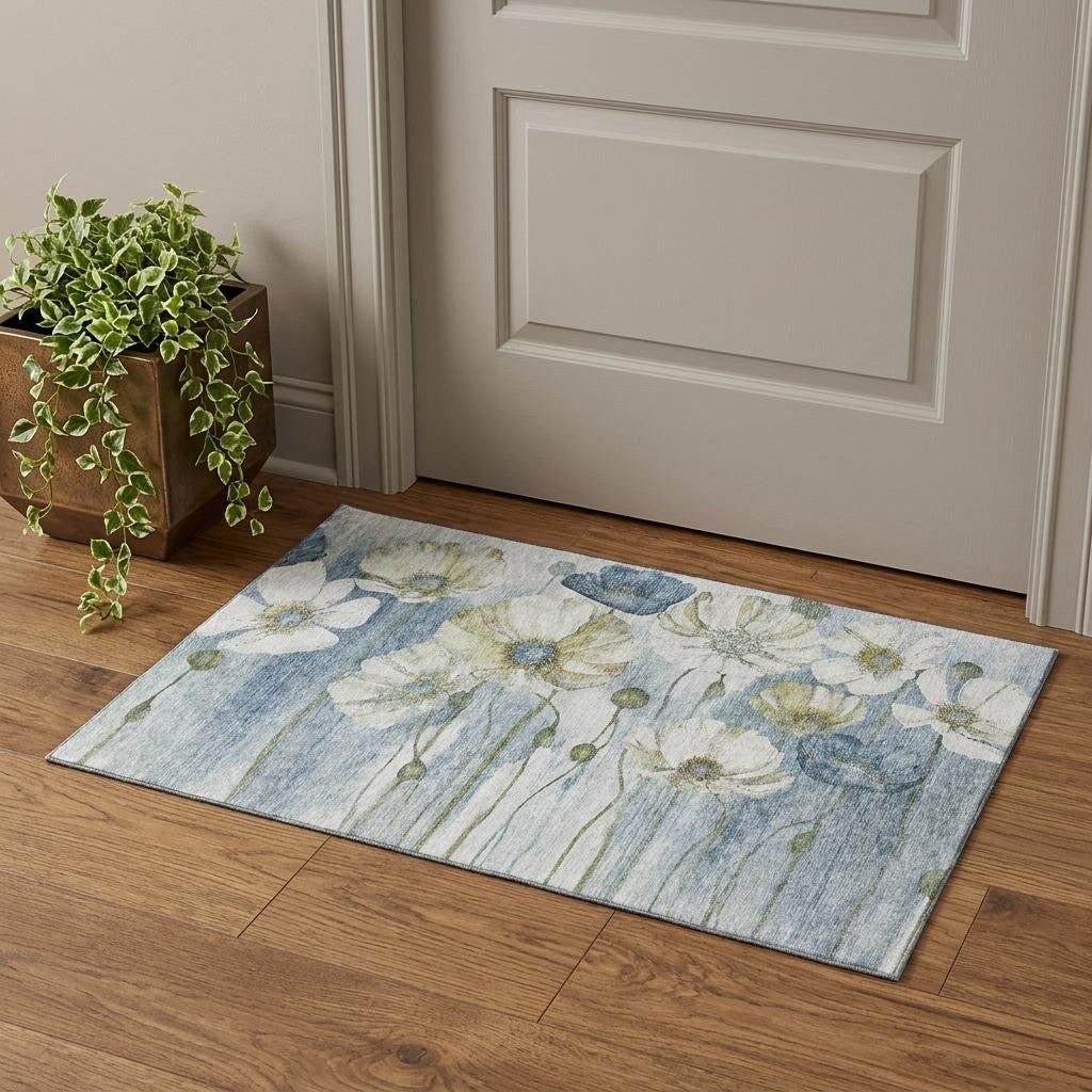 Blue Ivory And Gold Floral Washable Area Rug With UV Protection