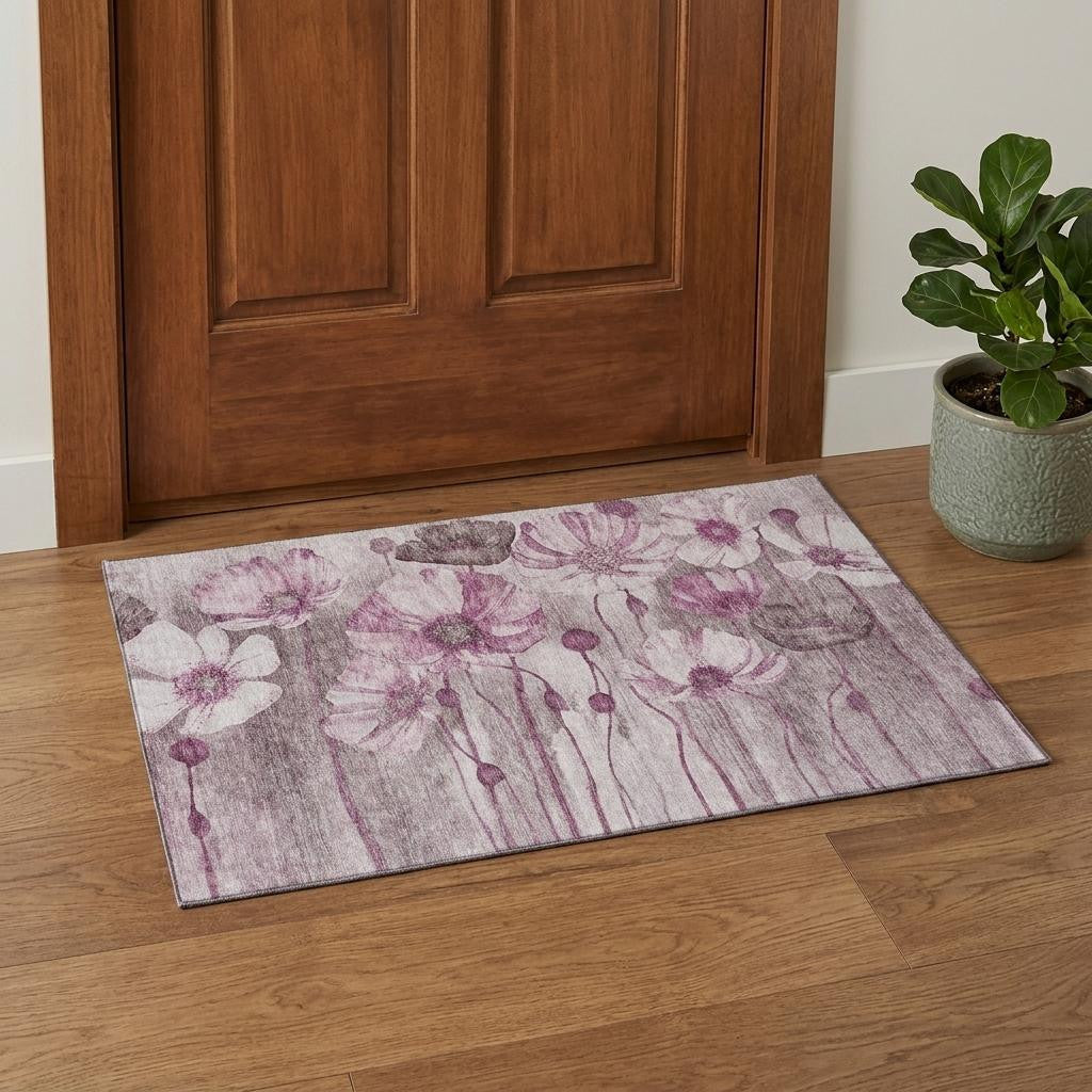 Plum And Ivory Floral Washable Area Rug With UV Protection