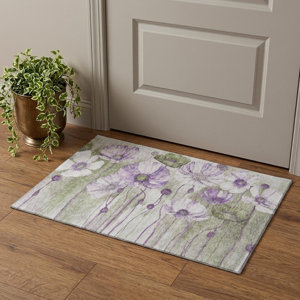 Purple Green And Ivory Floral Washable Area Rug With UV Protection