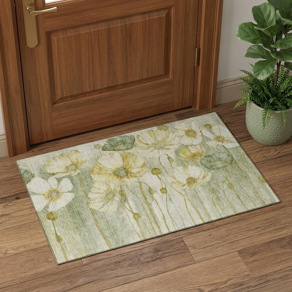 Sage Gold And Ivory Floral Washable Area Rug With UV Protection