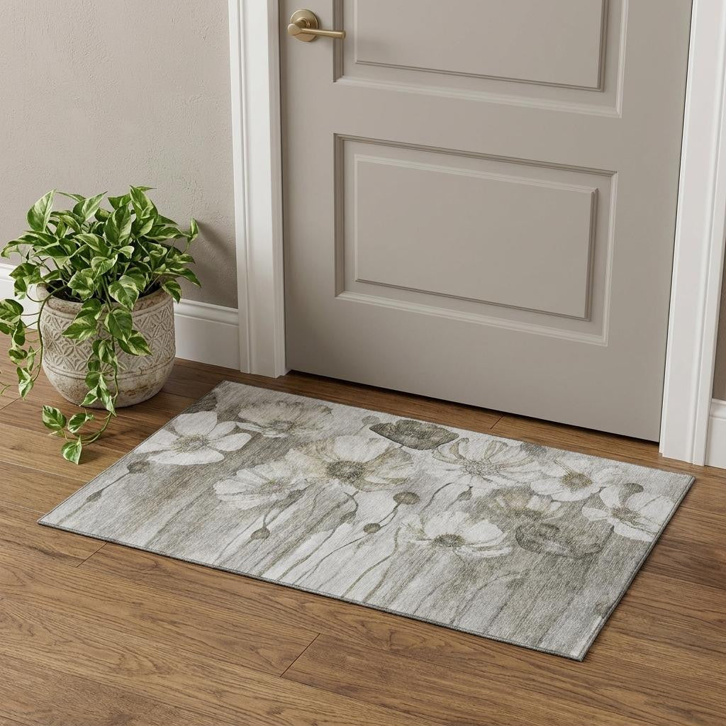 Taupe And Ivory Floral Washable Area Rug With UV Protection
