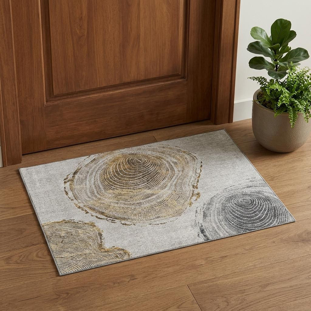 Taupe Brown And Ivory Faux Bois Washable Area Rug With UV Protection