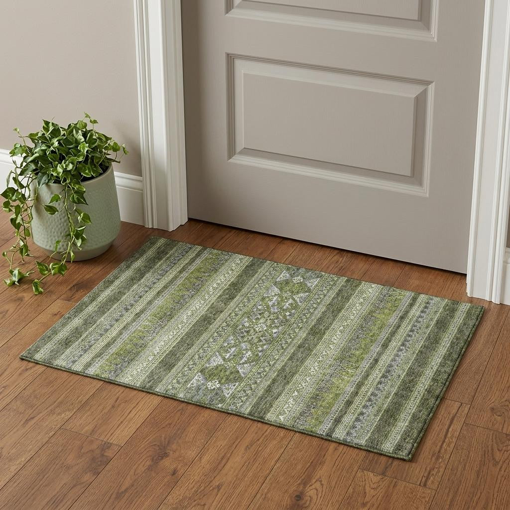 Olive Green Gray And Ivory Southwestern Washable Area Rug With UV Protection