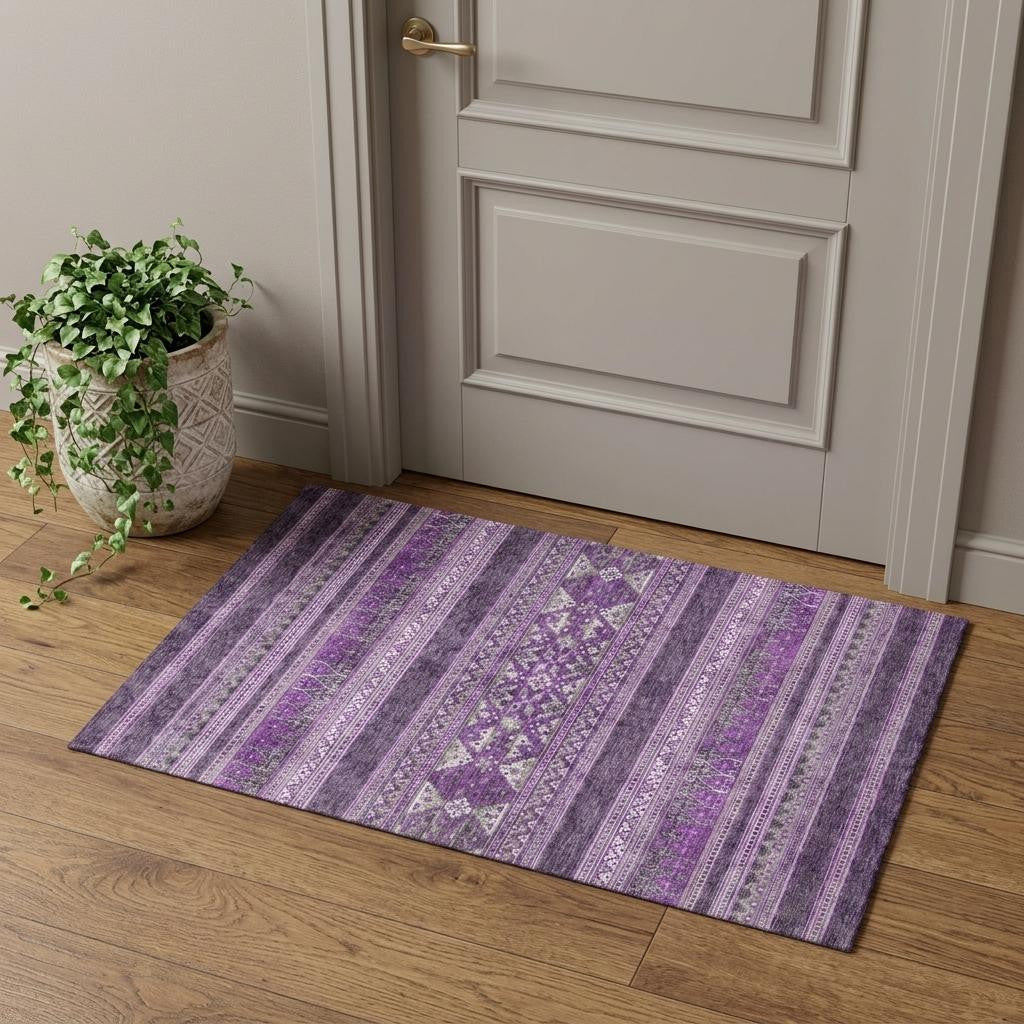 Purple And Ivory Southwestern Washable Area Rug With UV Protection