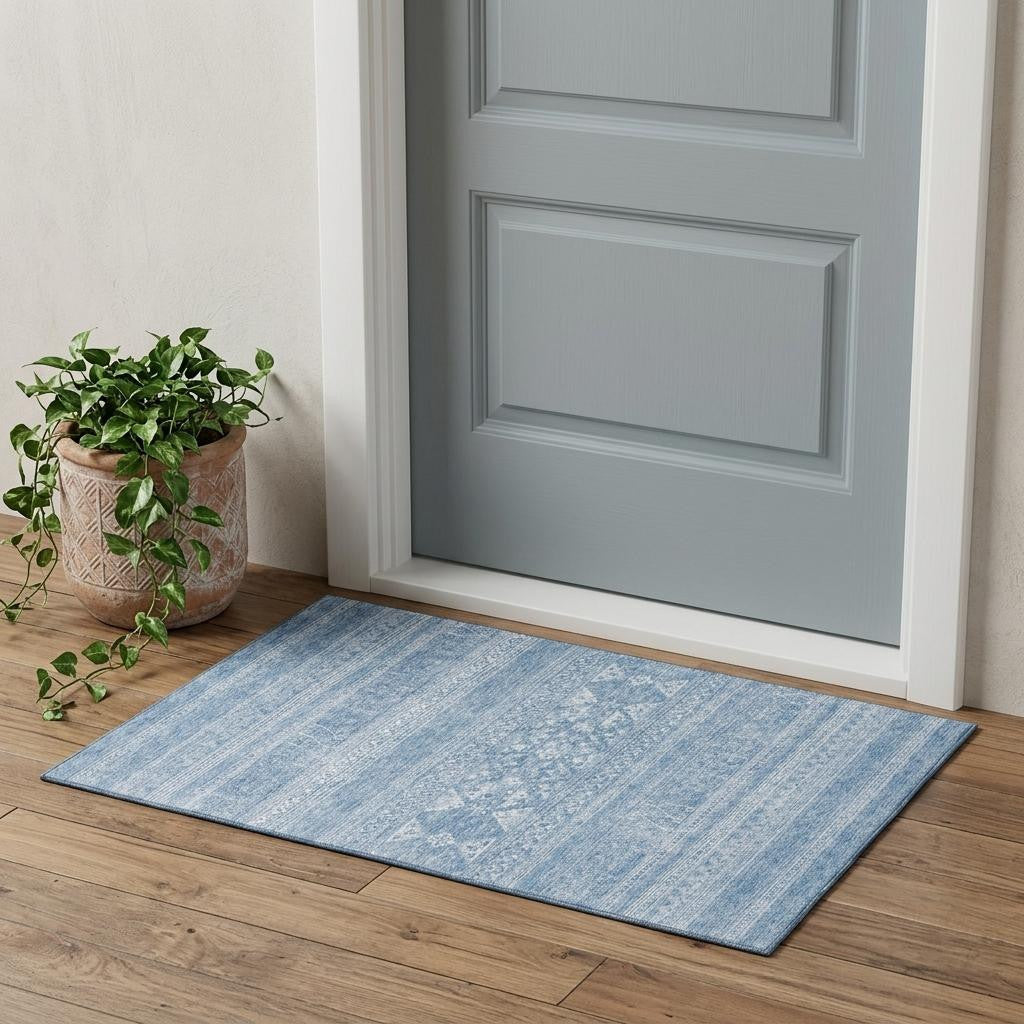 Sky Blue And Ivory Southwestern Washable Area Rug With UV Protection