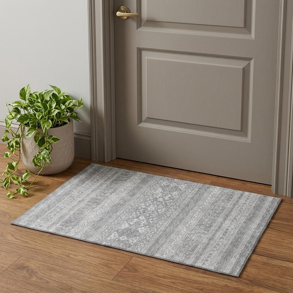 Silver And Gray Southwestern Washable Area Rug With UV Protection