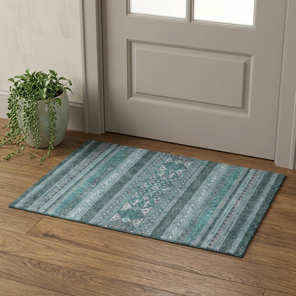 Teal And Ivory Southwestern Washable Area Rug With UV Protection