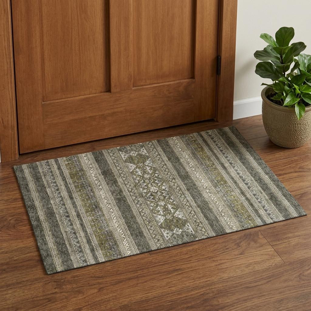 Taupe Beige And Ivory Southwestern Washable Area Rug With UV Protection