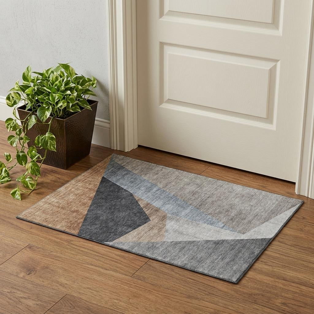 Taupe Blue And Beige Geometric Washable Area Rug With UV Protection
