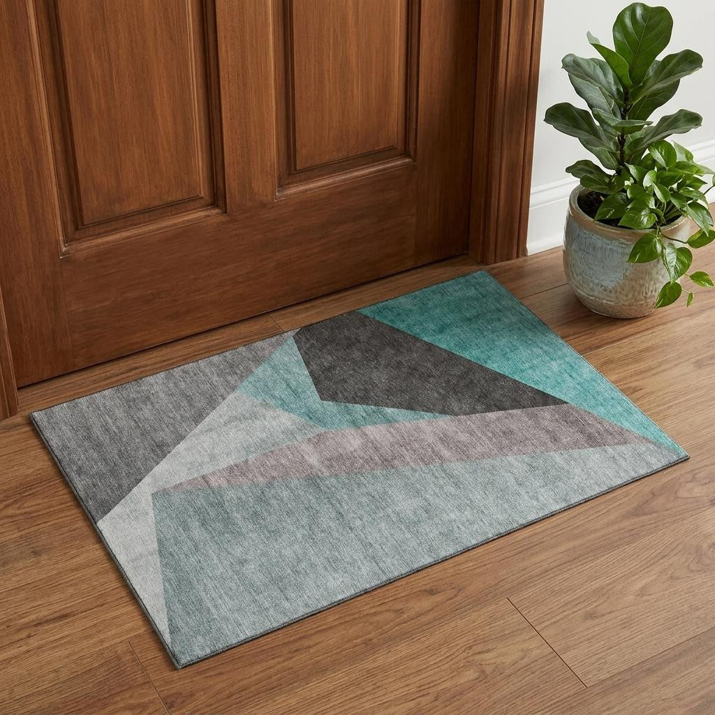 Teal Gray And Ivory Geometric Washable Area Rug With UV Protection