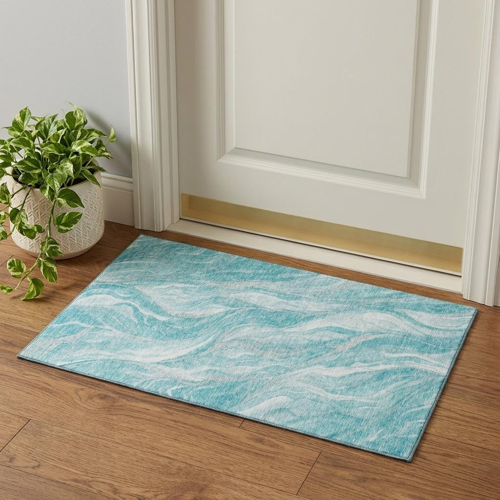 Teal And Ivory Abstract Washable Area Rug With UV Protection