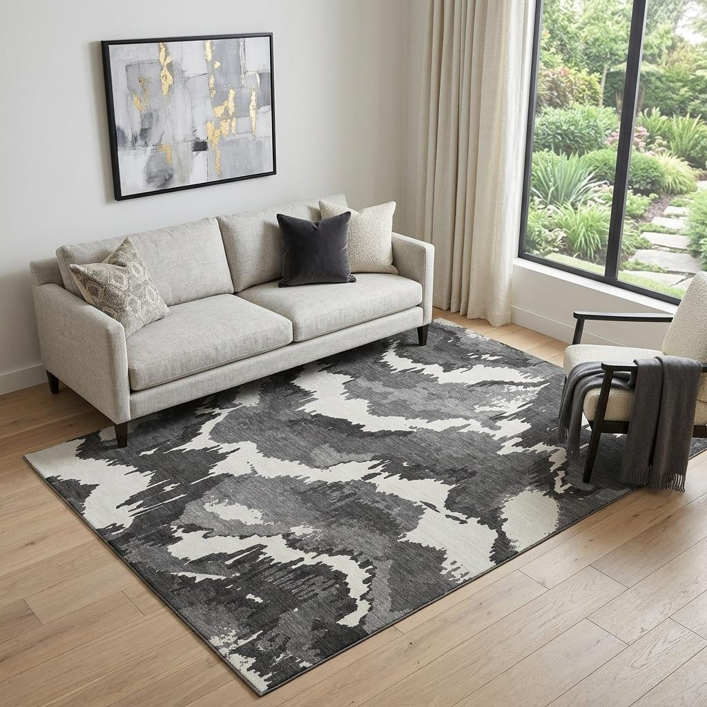 Black And Ivory Abstract Washable Area Rug With UV Protection