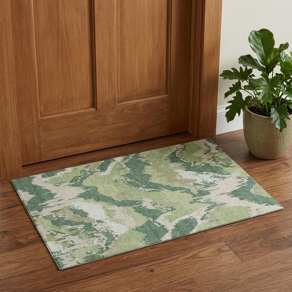 Green Ivory And Beige Abstract Washable Area Rug With UV Protection
