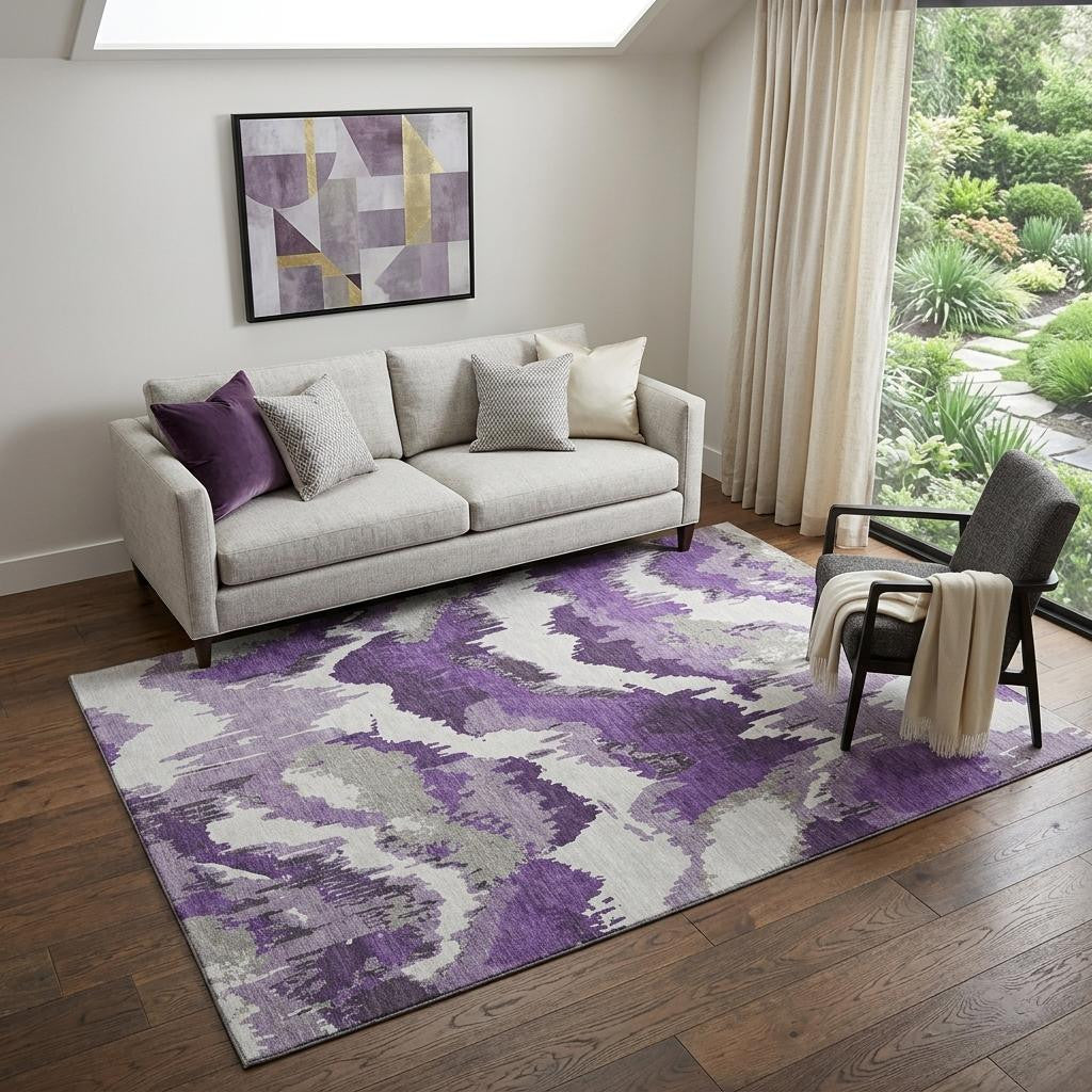 Purple Ivory And Gray Abstract Washable Area Rug With UV Protection
