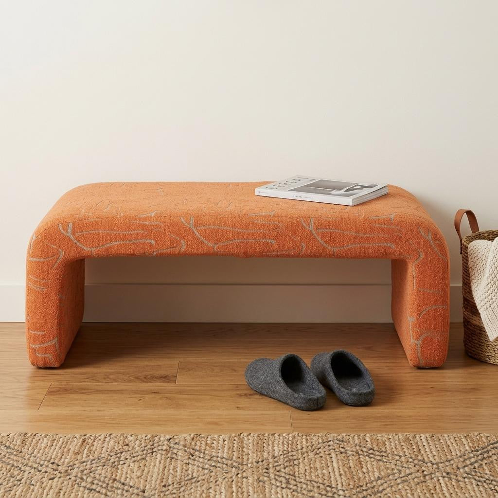 50" Orange Fabric Abstract Curvy Upholstered Bench