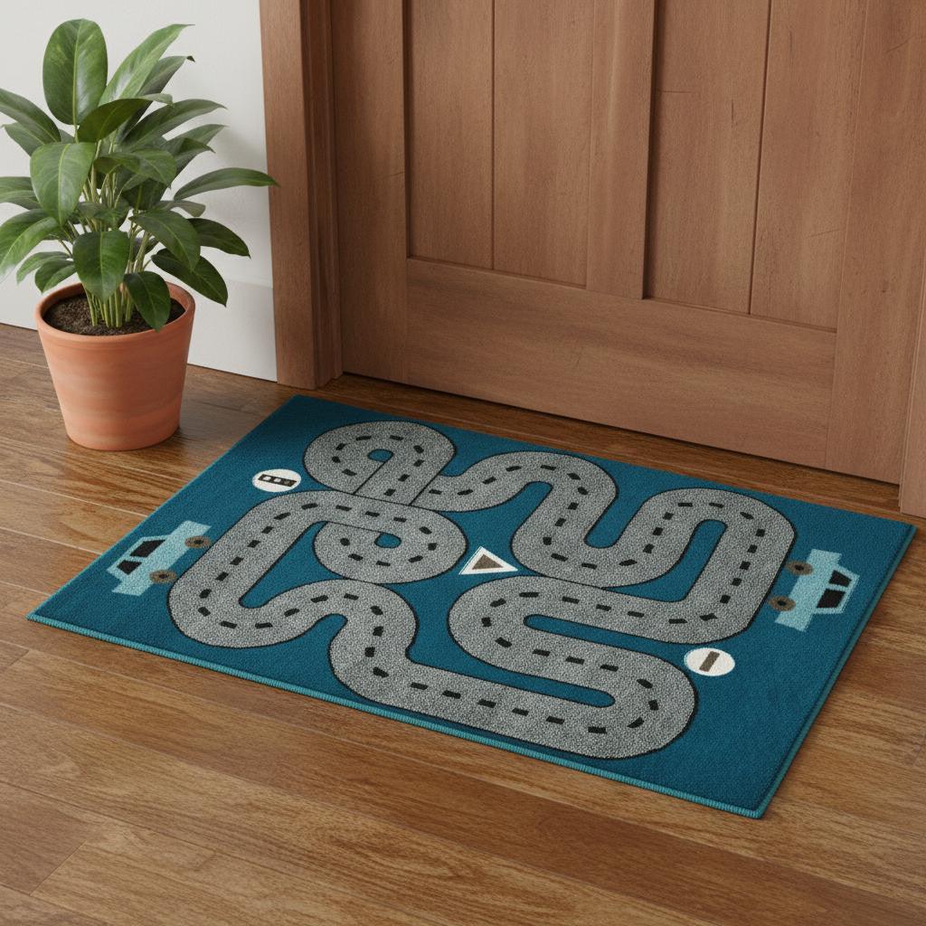 2' X 3' Navy Blue Transportation Youthful Washable Area Rug