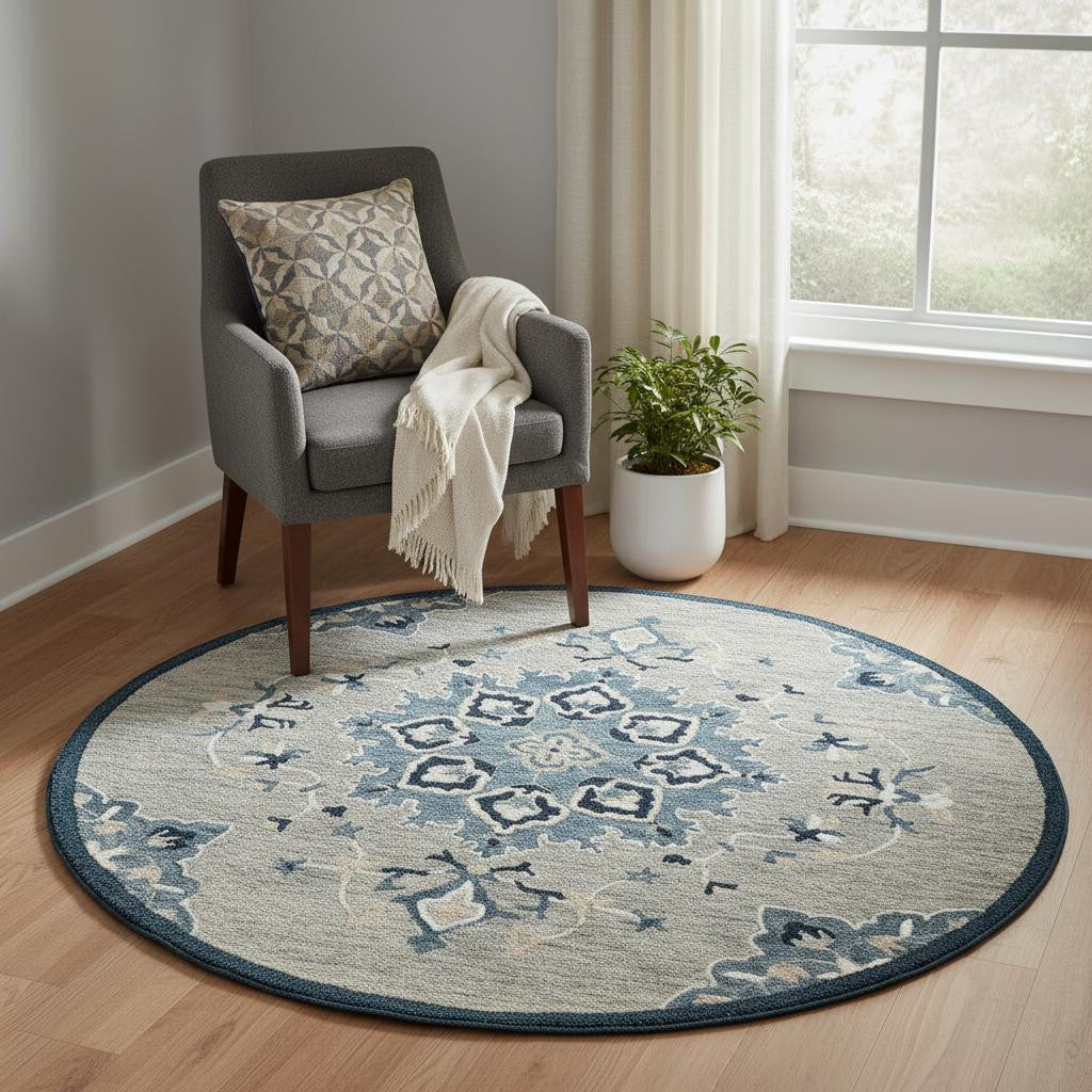 3' Blue And Gray Wool Medallion Hand Tufted Round Rug