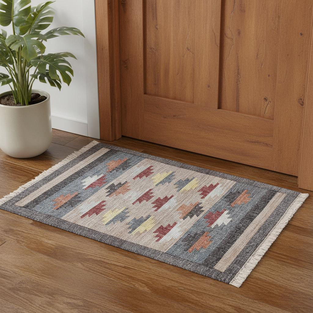2' X 3' Blue Gray And Tan Tribal Hand Woven Area Rug With Fringe