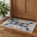 2' X 3' Blue Gray And Tan Geometric Hand Woven Area Rug With Fringe