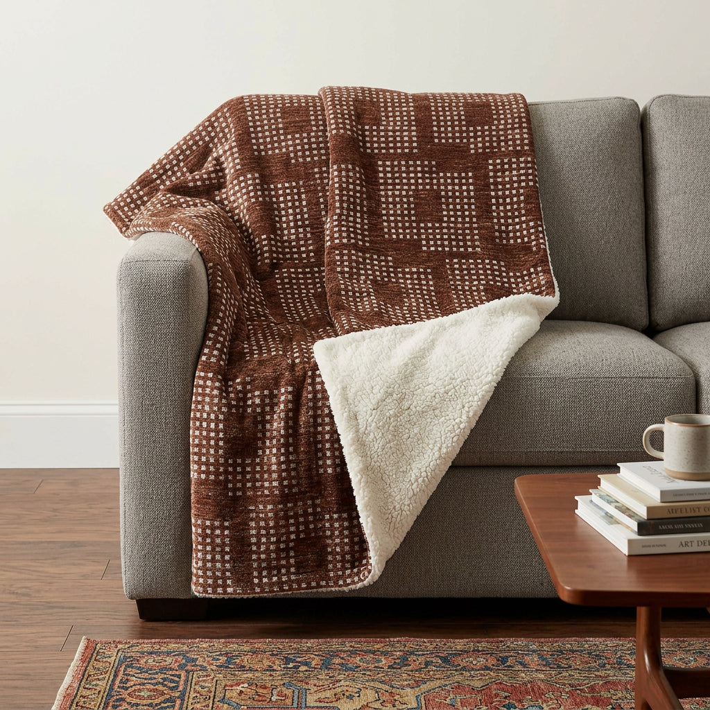 50" X 70" Brown And Beige Geometric Polyester Woven Plush Throw Blanket