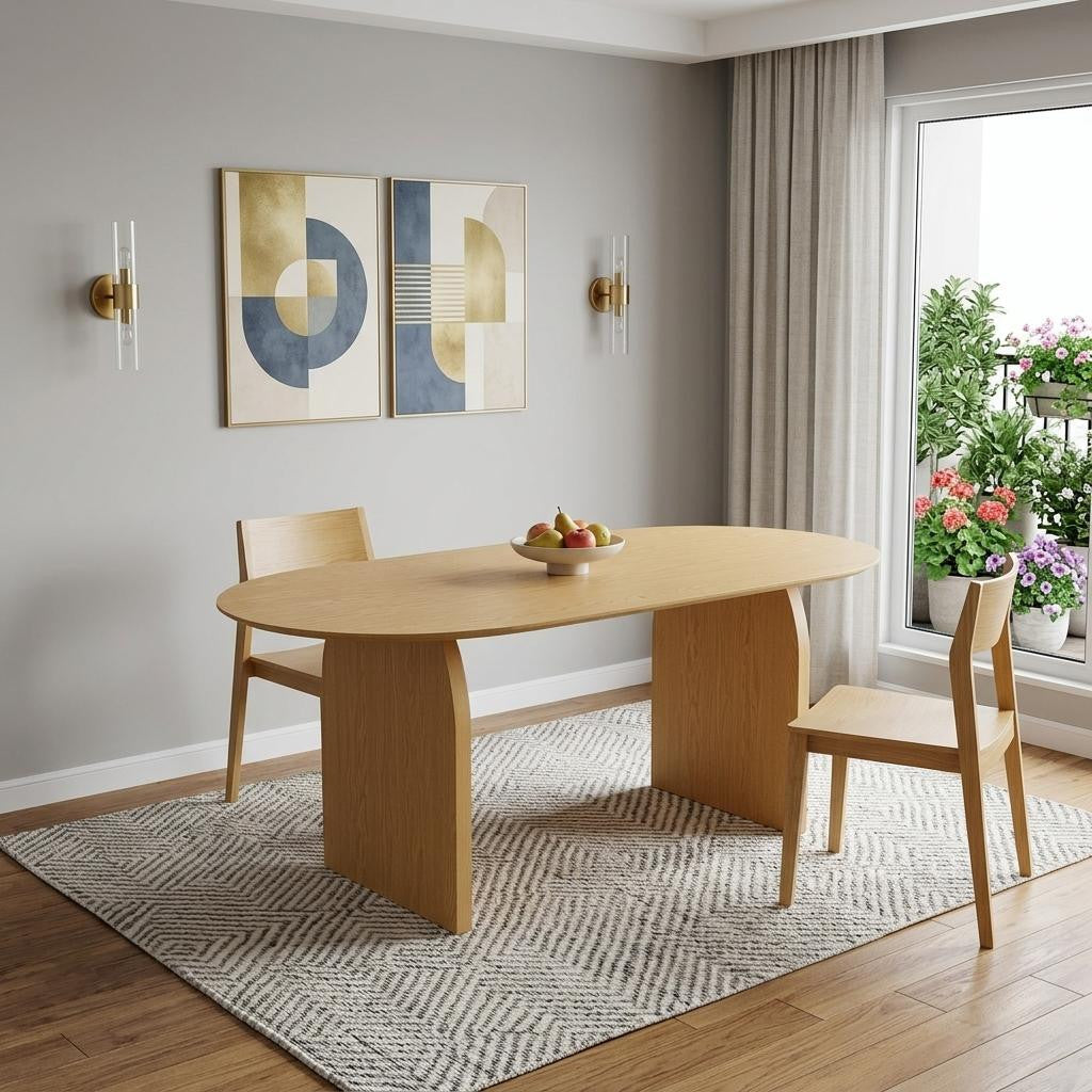 33" Natural Solid Wood and Wood Double Pedestal Base Oval Dining Table