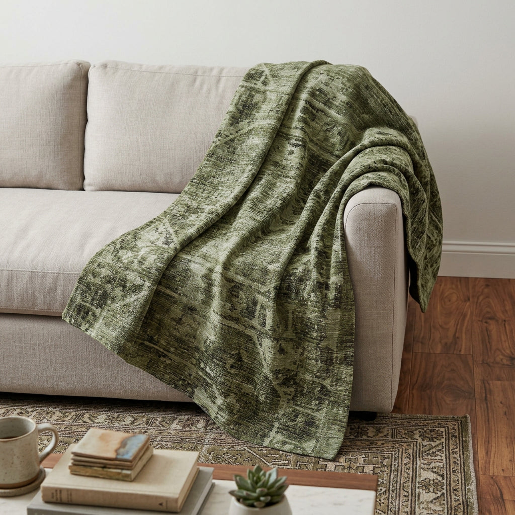 50" X 70" Olive Green And Beige Damask Polyester Woven Plush Throw Blanket