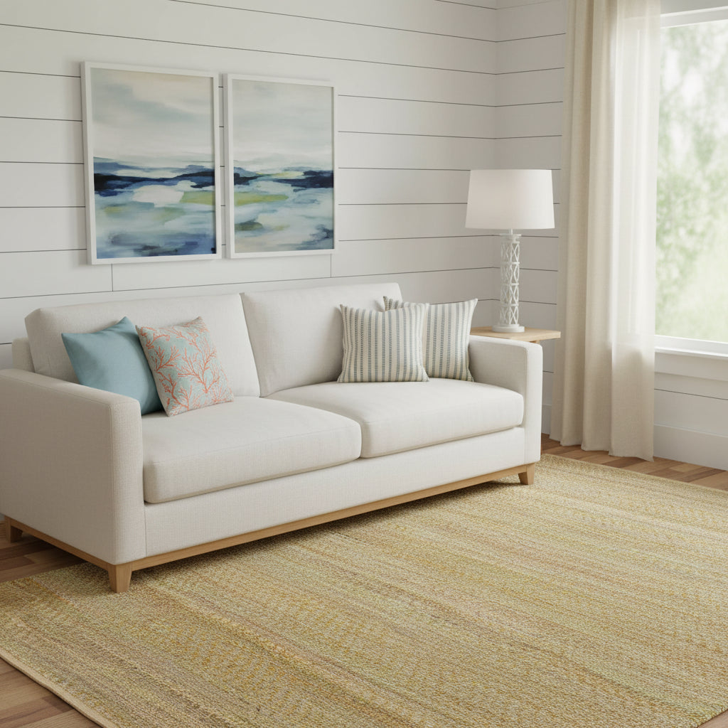 5' X 8' Natural And Green Hand Woven Jute Blend Area Rug