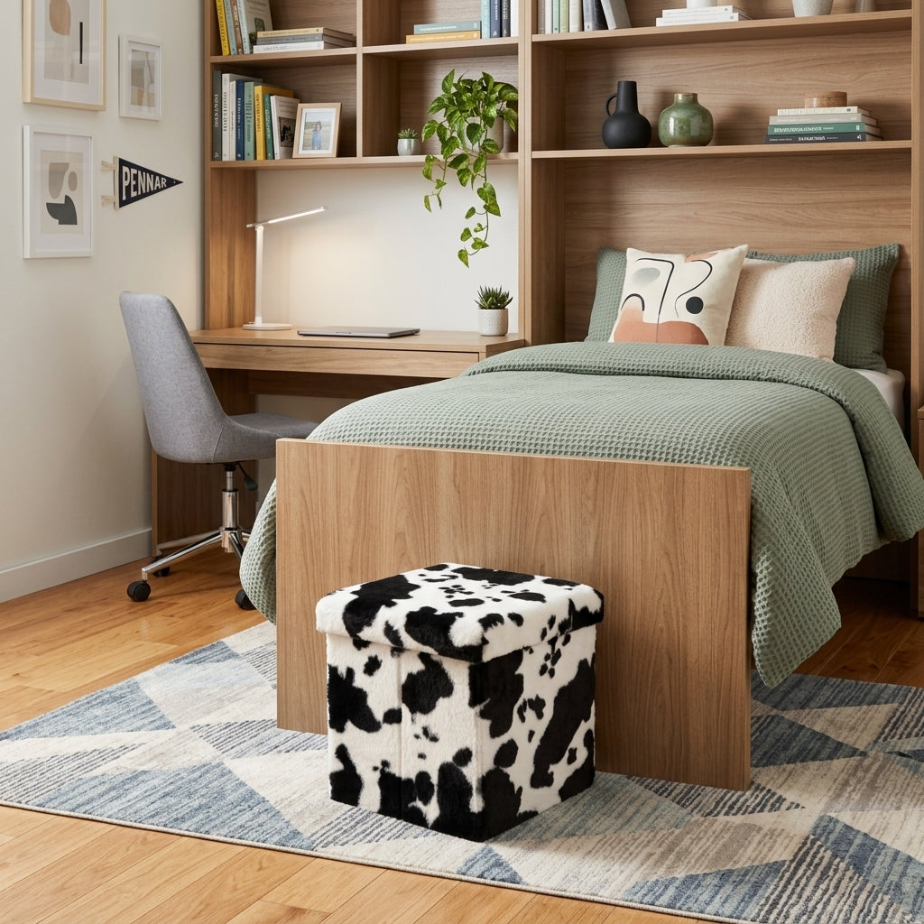 Black and White Faux Fur Cow Print Storage Ottoman