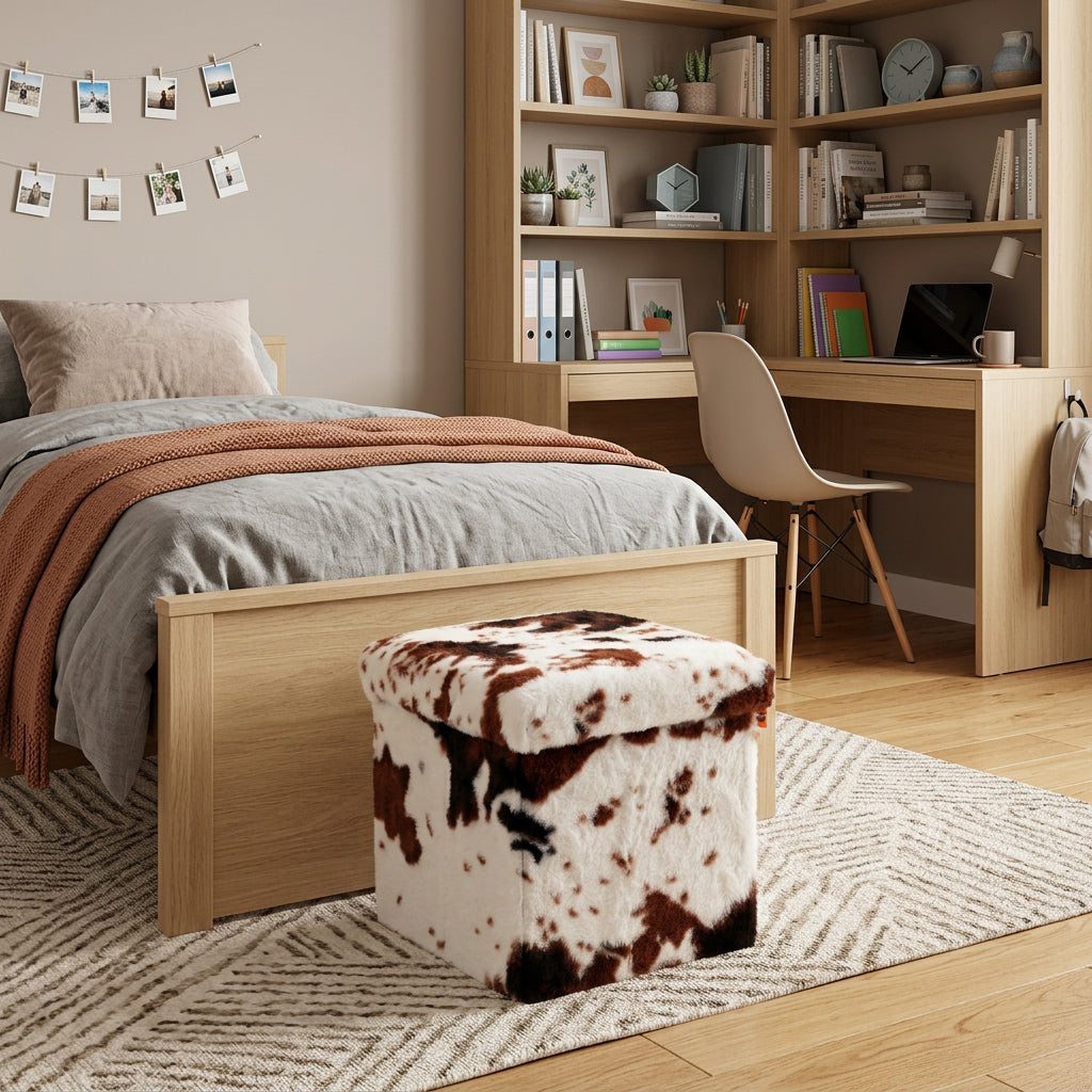 White and Brown Faux Fur Cow Print Storage Ottoman