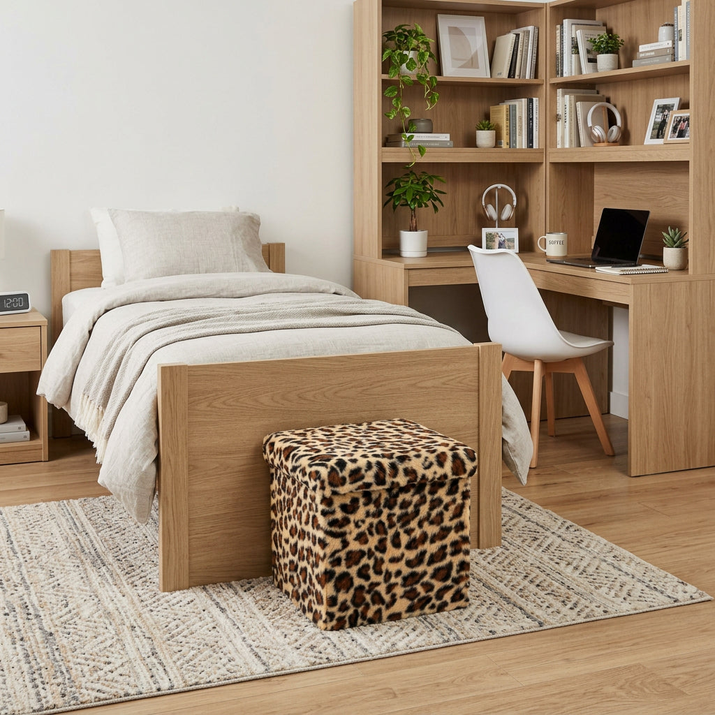 Black and Tan Faux Fur Leopard Storage Ottoman