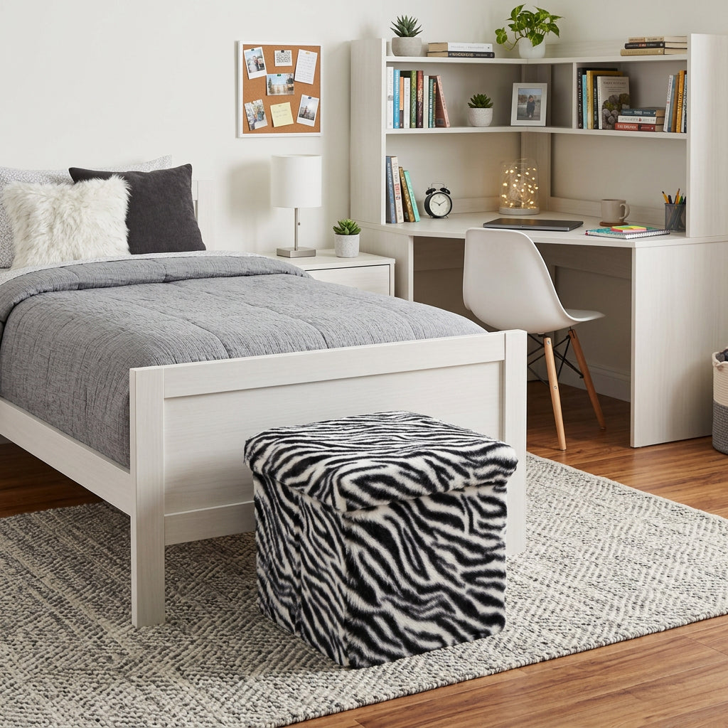Black and White Faux Fur Zebra Storage Ottoman