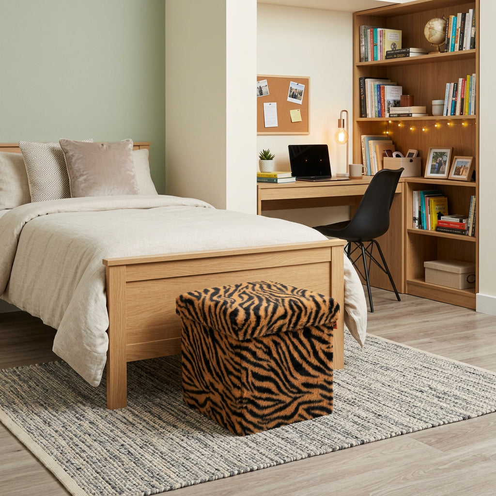 Black and Tan Faux Fur Tiger Storage Ottoman