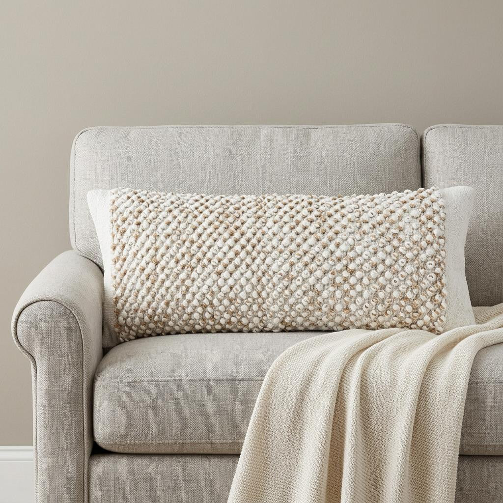 14" X 36" White And Beige Lumbar Geometric Cotton Blend Throw Pillow Cover with Texture
