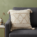 20" Ivory And Beige Geometric Cotton Blend Throw Pillow Cover with Tassels