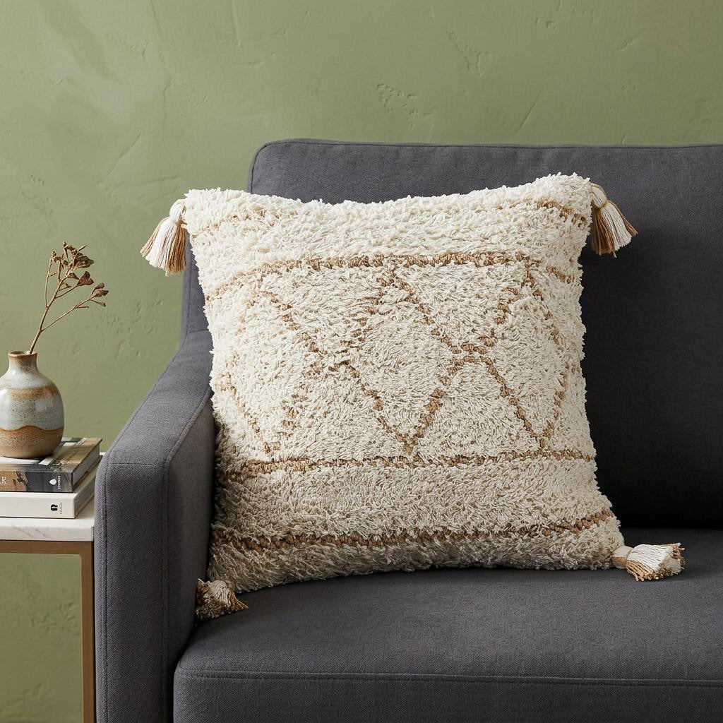 20" Ivory And Beige Geometric Cotton Blend Throw Pillow Cover with Tassels