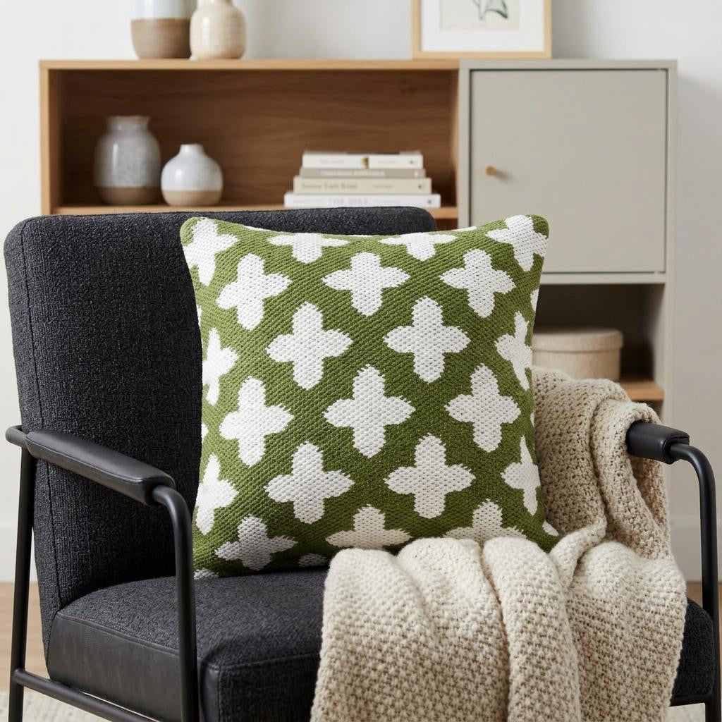 20" Green And White Geometric Cotton Blend Throw Pillow Cover