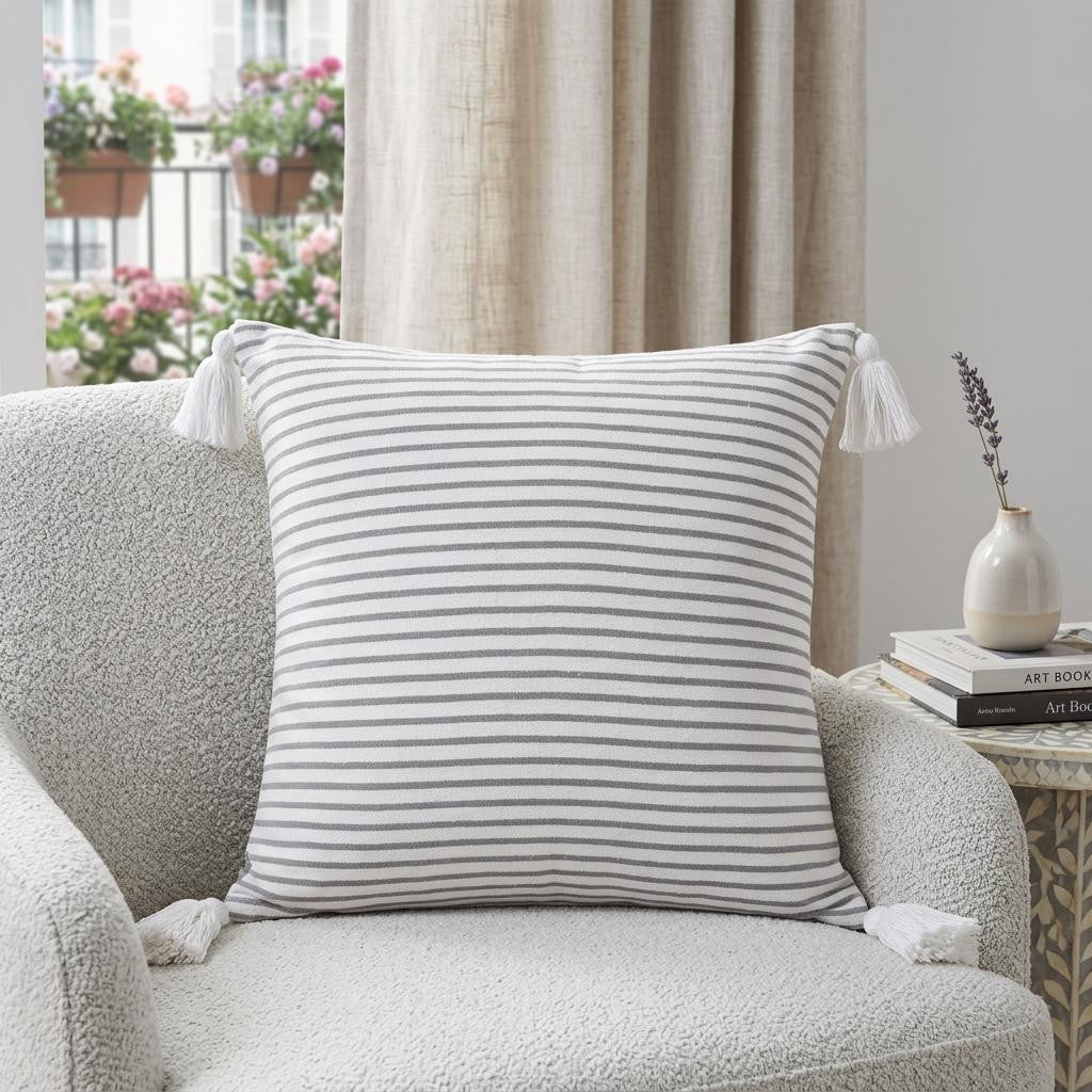 20" Gray And White Striped Cotton Throw Pillow Cover with Tassels