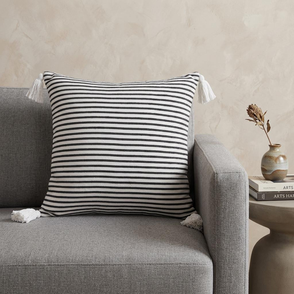20" Black And White Striped Cotton Throw Pillow Cover with Tassels