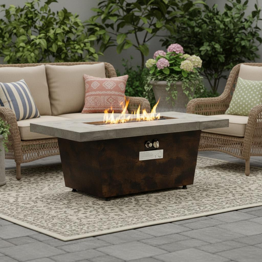 50000 BTU 42" Brown And Gray Iron And Faux Cement Propane Fire Pit Table