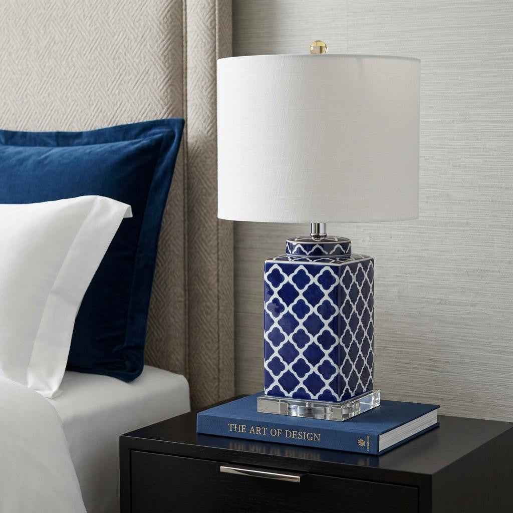 23" Clear Navy Blue And White Geometric Table Lamp With Drum Shade