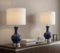 Set of Two 22" Navy Blue And Silver Gourd Bedside Lamps With Drum Shades
