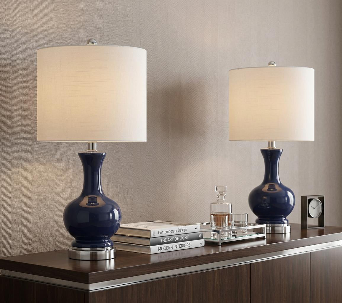 Set of Two 22" Navy Blue And Silver Gourd Bedside Lamps With Drum Shades