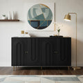 60" Black and Gold Wood and Metal Carved Geometric Accent Cabinet With Four Doors
