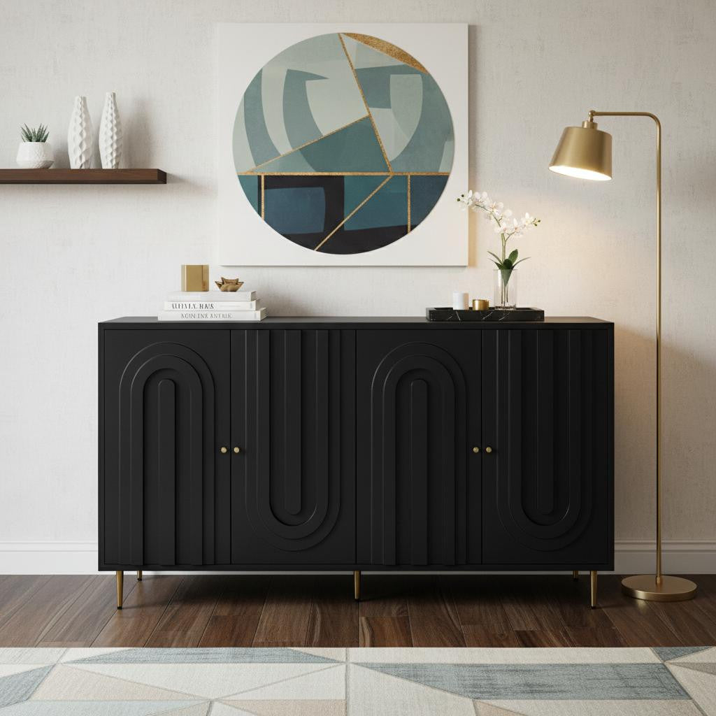 60" Black and Gold Wood and Metal Carved Geometric Accent Cabinet With Four Doors
