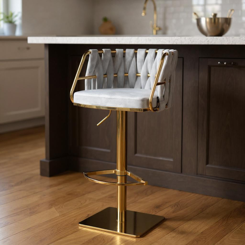 Gray and Gold Velvet and Steel Low Back Adjustable Height Swivel Bar Chair