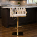 Off White and Gold Faux Leather Linen and Steel Low Back Adjustable Height Swivel Bar Chair