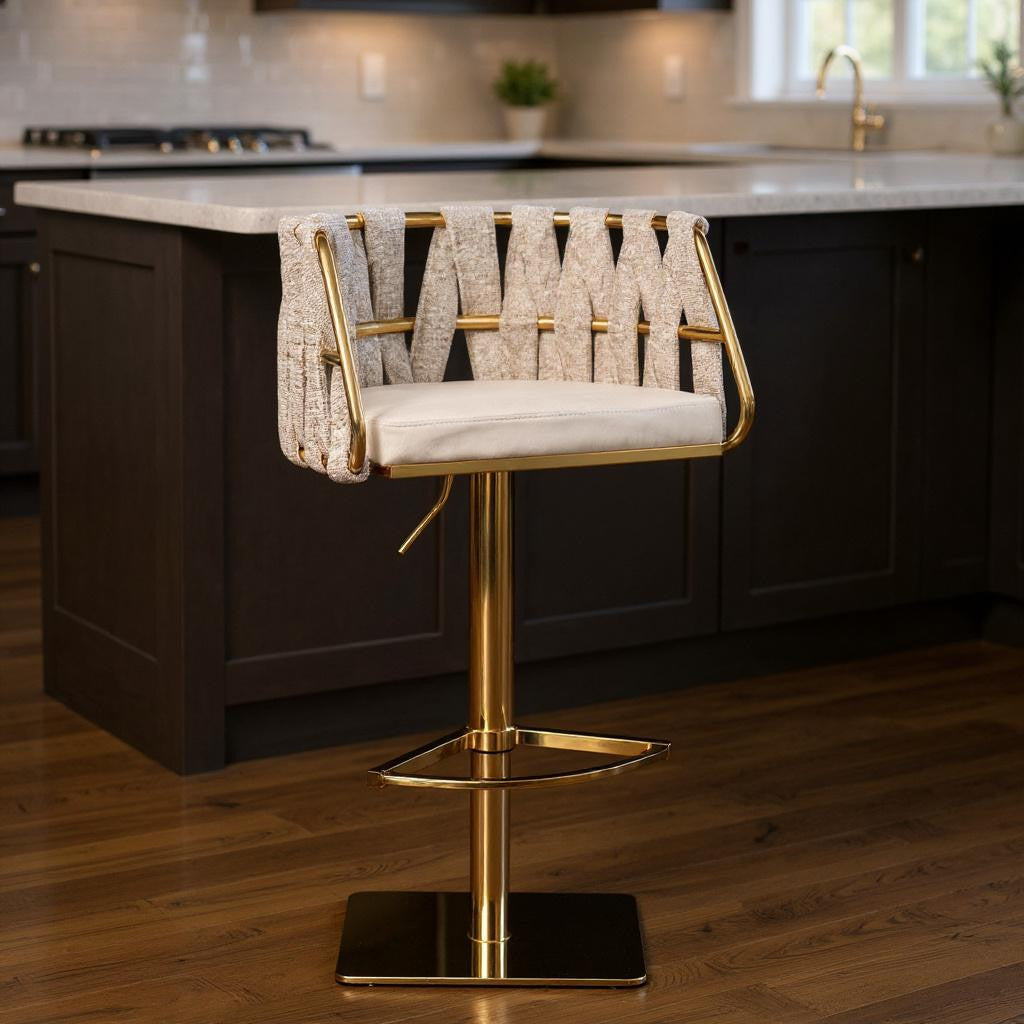 Off White and Gold Faux Leather Linen and Steel Low Back Adjustable Height Swivel Bar Chair
