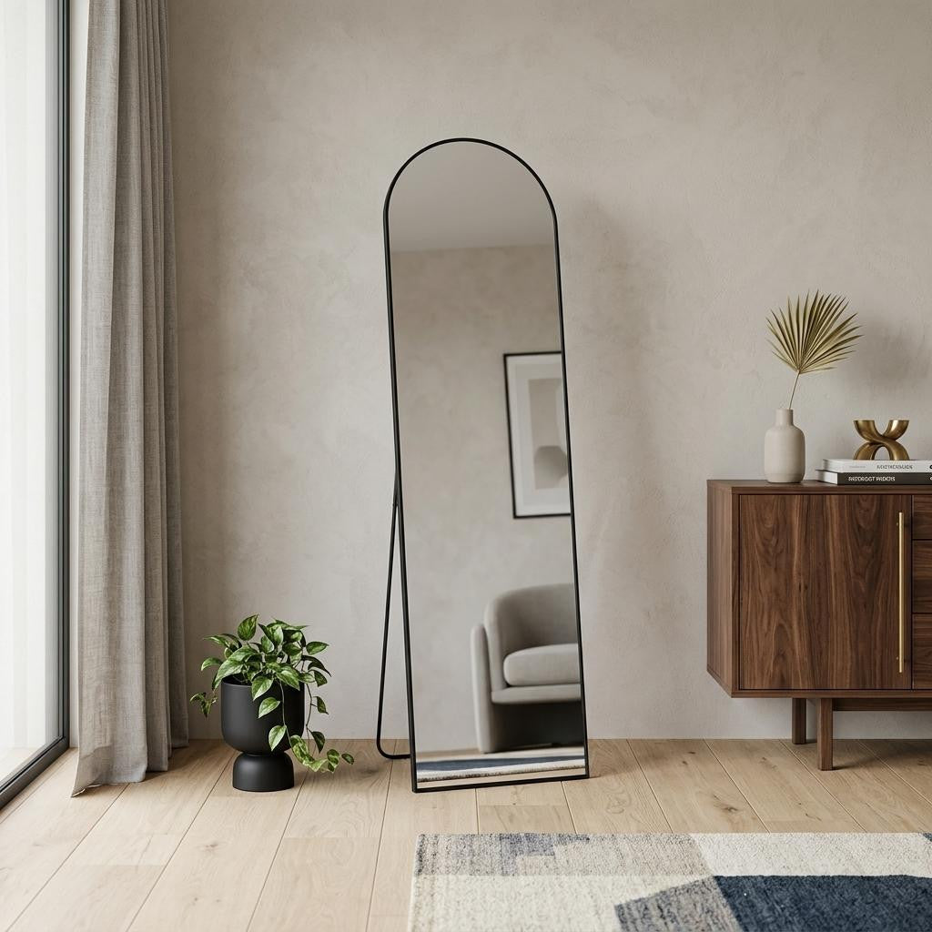 59" Black Metal Arch Wall Mounted Leaning Or Freestanding Framed Full Length Mirror